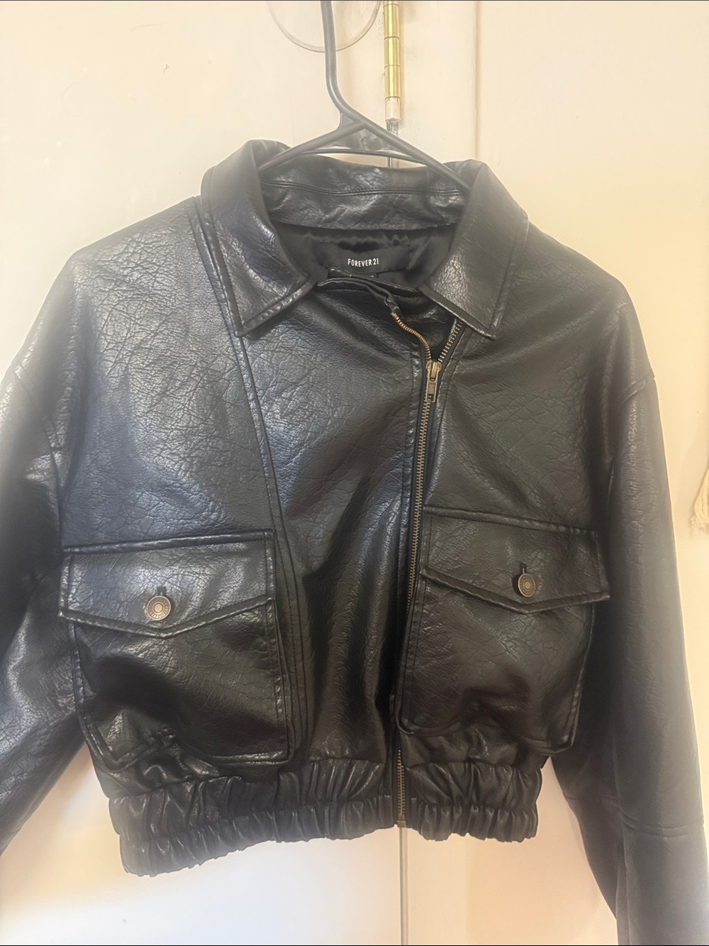 Forever 21 Black Faux Leather Bomber Jacket with Front Pockets